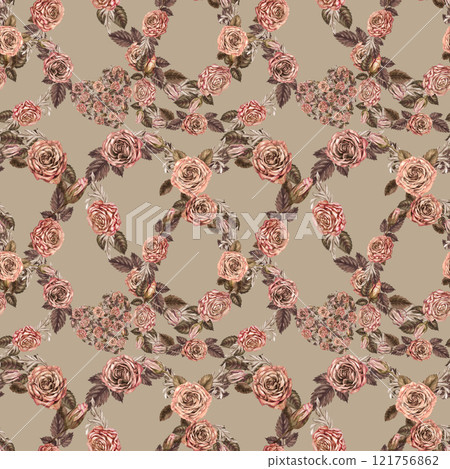 Wreaths and hearts of pink roses on a seamless pattern. Floral background in mocha mousse color. Botanical watercolor vintage template for wedding, Valentine's Day, textile, wrapping, wallpaper, gift 121756862