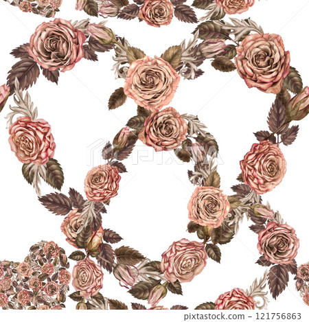 Wreaths and hearts of pink roses on a seamless pattern. Floral background in mocha mousse color. Botanical watercolor vintage template for wedding, Valentine's Day, textile, wrapping, wallpaper, gift Wreaths and hearts of pink roses on a seamless pattern. Floral background in mocha mousse color. Botanical watercolor vintage template for wedding, Valentine's Day, textile, wrapping, wallpaper, gift 121756863