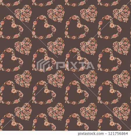 Wreaths and hearts of pink roses on a seamless pattern. Floral background in mocha mousse color. Botanical watercolor vintage template for wedding, Valentine's Day, textile, wrapping, wallpaper, gift Wreaths and hearts of pink roses on a seamless pattern. Floral background in mocha mousse color. Botanical watercolor vintage template for wedding, Valentine's Day, textile, wrapping, wallpaper, gift 121756864