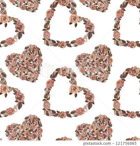 Wreaths and hearts of pink roses on a seamless pattern. Floral background in mocha mousse color. Botanical watercolor vintage template for wedding, Valentine's Day, textile, wrapping, wallpaper, gift 121756865