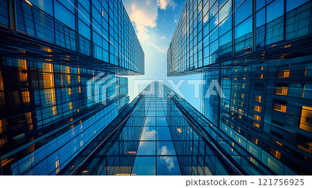 Tall skyscrapers reach towards bright blue sky with shining sun on urban background. Generative AI 121756925