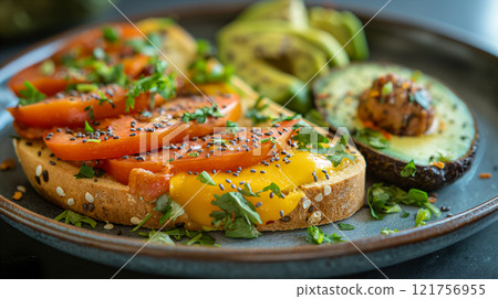 Delicious grilled cheese sandwich with avocado on a rustic plate at home. Generative AI 121756955