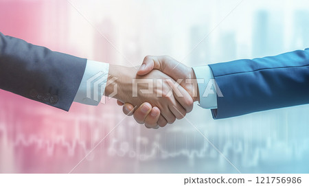 男性雙手與背景中模糊的辦公大樓握手 121756986