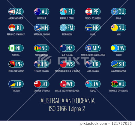 Set of vector illustrations of ISO 3166-1 alpha-2 and flags of the countries of Australia and Oceania. Set of vector illustrations of ISO 3166-1 alpha-2 and flags of the countries of Australia and Oceania. 121757035
