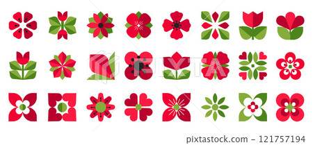 Set of geometric flowers with leaves for abstract designs, patterns, logos, decorations, and other projects. Colorful natural plants, silhouettes and shapes in vector illustration 121757194