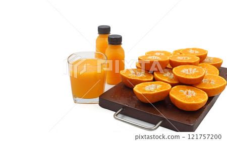 Glass of orange juice and fresh fruits on wooden isolated on white background with copy space 121757200