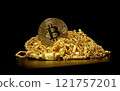 Gold metal bitcoin logo - crypto currency and heap of gold jewelry on black background 121757201