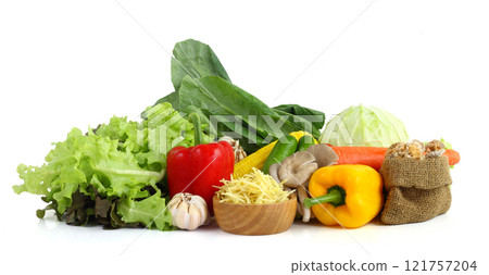 Group of many colorful vegetables isolated on white background. 121757204