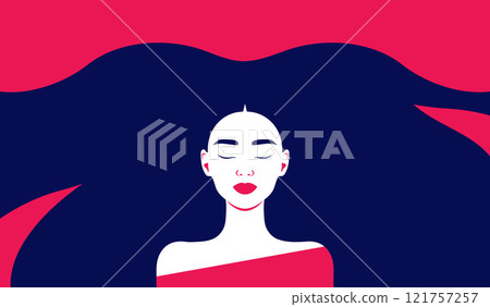 Asian woman with long flowing hair background. Woman with long dark hair. Minimalist template for beauty salon, hair salon, Womens Day 121757257