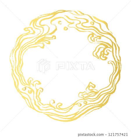 Japanese style line drawing illustration with golden brush strokes. Dynamic and blurred waves with circular ink brush strokes. Ocean and splashes concept 121757421