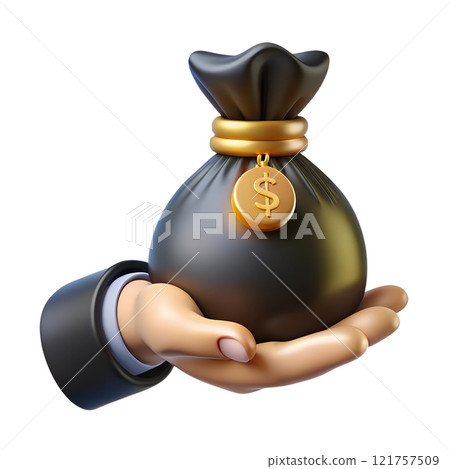Human hand holding black bag of money with golden dollar coins 3d illustration isolated 121757509