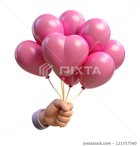 Human hand holding pink heart-shaped balloons 3d illustration isolated on the transparent background Human hand holding pink heart-shaped balloons 3d illustration isolated on the transparent background 121757560