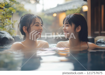 女性朋友在溫泉裡愉快地交談 121757675