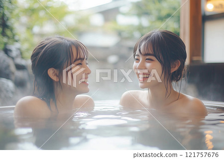 兩個女人一邊泡溫泉一邊聊天 121757676