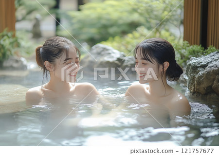 享受溫泉談話的女性朋友 享受溫泉談話的女性朋友 121757677