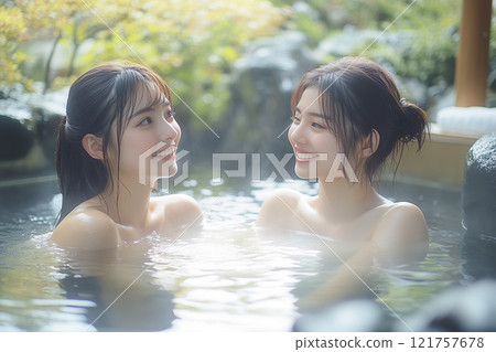 兩個女人在露天浴池泡澡。適合女生的溫泉之旅 兩個女人在露天浴池泡澡。適合女生的溫泉之旅 121757678