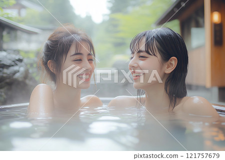 兩個女人在露天浴池泡溫泉。女性旅行圖片 兩個女人在露天浴池泡溫泉。女性旅行圖片 121757679