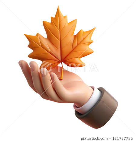 Human hand holding autumn orange maple leaf 3d rendered illustration isolated 121757732