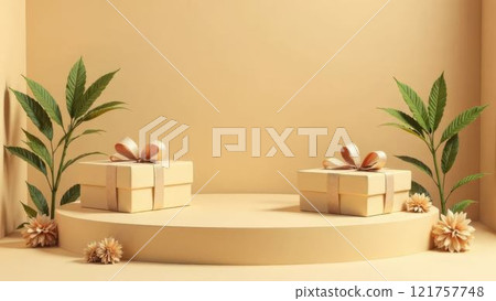 Gift boxes surrounded by lush greenery and flowers emphasize the herbal essence of cosmetic items 121757748