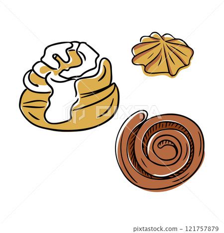 Illustration of three baked pastries cinnamon roll, icing topped bun, and starshaped cookie, depicted in a hand drawn style. Vector hand drawn drawing isolated on white background Illustration of three baked pastries cinnamon roll, icing topped bun, and starshaped cookie, depicted in a hand drawn style. Vector hand drawn drawing isolated on white background 121757879