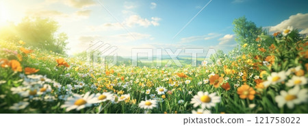 Sunbathed meadow blooms with vibrant wildflowers. Daisies and poppies dance in gentle breeze, sunlight filters through leaves, painting landscape in warm hues. Serenity. 121758022
