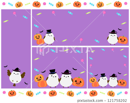 Set of 4 cute long-tailed tits and Halloween backgrounds 121758202