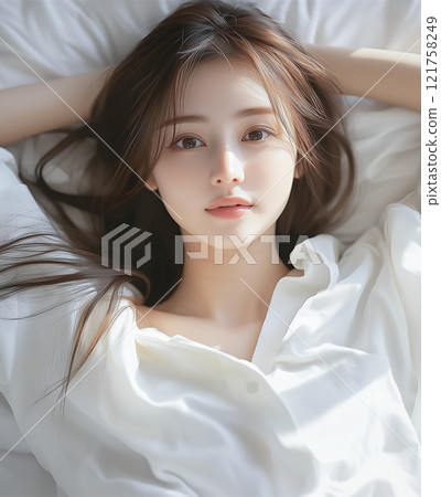 Cute woman lying down with her arms behind her head Cute woman lying down with her arms behind her head 121758249