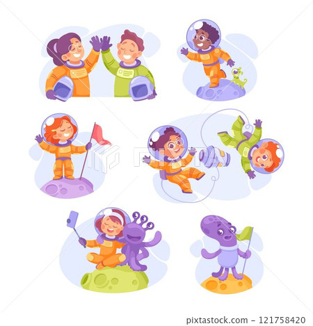 Kids Astronaut Character in Outer Space Exploring Universe Vector Set 121758420