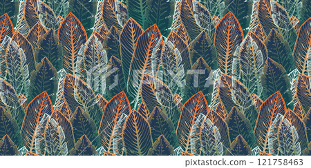Beautiful seamless pattern with overlay shiny orange, teal green and white hand drawn tropical leaves. Magic glowing exotic plants print for textile, wrapping paper, surface, wallpaper, background 121758463
