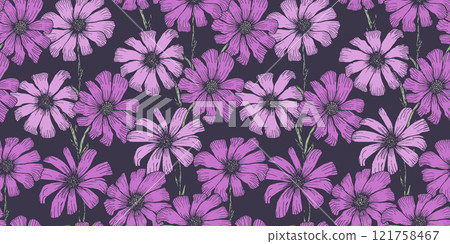 Bright purple and lilac seamless pattern with delicate engraved chamomile flowers. Vintage hand drawn print of beautiful violet daisy flower for textile, wrapping paper, surface, background 121758467
