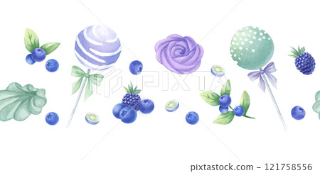 Cake pops, marshmallow with blueberry, blackberry and mint, wild berries watercolor isolated seamless border. Hand draw horizontal banner of desserts in purple and green color for pastry shop design. 121758556