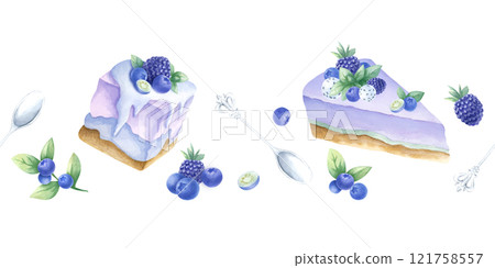 Cakes with blueberry, blackberry and mint, wild berries and silver spoons watercolor isolated seamless border. Hand draw horizontal banner of desserts in purple and green color for pastry shop design. 121758557