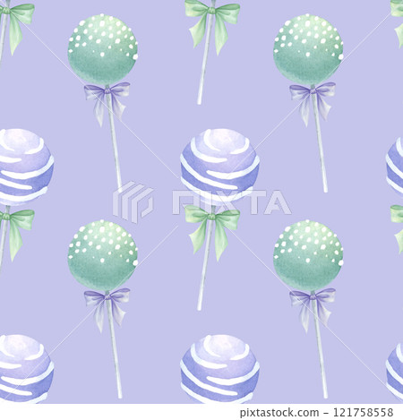 Cake pops bow-tied purple and mint colors watercolor seamless pattern on lilac. Hand drawn blueberry and mint candy. Lollipop for confectionery, kitchen textile, food packaging, fabric and cookbook. 121758558