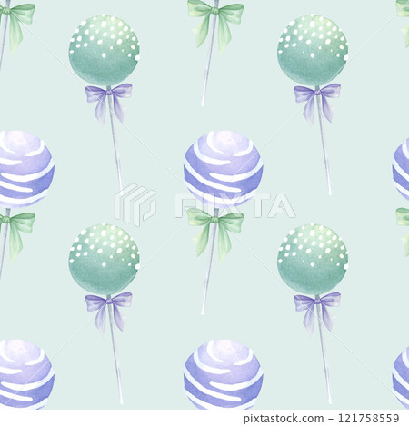 Cake pops bow-tied purple and mint colors watercolor seamless pattern on light green. Hand drawn blueberry and mint candy. Lollipop for confectionery, kitchen textile, food packaging and cookbook. Cake pops bow-tied purple and mint colors watercolor seamless pattern on light green. Hand drawn blueberry and mint candy. Lollipop for confectionery, kitchen textile, food packaging and cookbook. 121758559