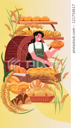 Bakery bread shop baker woman holding loaf brick oven wheat harvest background colorful design template Bakery bread shop baker woman holding loaf brick oven wheat harvest background colorful design template 121758617