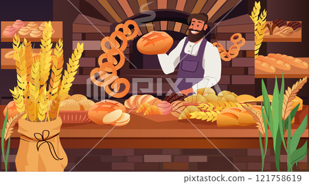 Bakery shop baker holding bread smiling surrounded by various baked goods wheat brick oven colorful warm tones cozy atmosphere Bakery shop baker holding bread smiling surrounded by various baked goods wheat brick oven colorful warm tones cozy atmosphere 121758619