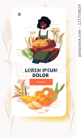Bakery app design with smiling baker holding bread basket wheat background digital interface template 121758629