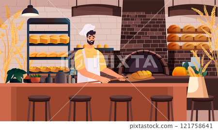Bakery interior with baker baking bread cozy scene with brick oven shelves of loaves counter with stools warm colors decorative plants 121758641