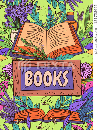 Open book surrounded by flowers and plants colorful nature theme vibrant greenery and purple blooms with an artistic style suitable for posters or banners 121758665