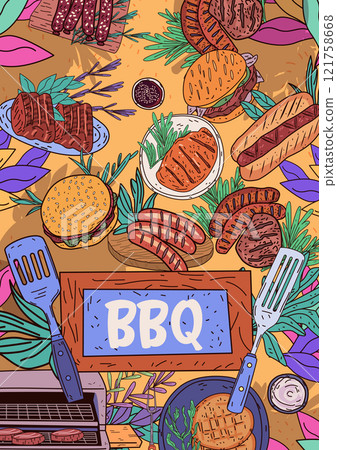 BBQ food grill summer concept colorful meats burgers sausages herbs and leaves on a vibrant background with kitchen utensils flat lay design 121758668