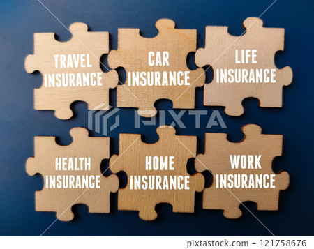 Top view wooden puzzle with insurance concept on a blue background. Business and insurance concept. 121758676