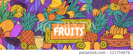 Colorful fruits pattern tropical theme vibrant design. Includes pineapples bananas oranges berries and kiwi with palm leaves on a purple background. Perfect for banners Colorful fruits pattern tropical theme vibrant design. Includes pineapples bananas oranges berries and kiwi with palm leaves on a purple background. Perfect for banners 121758678
