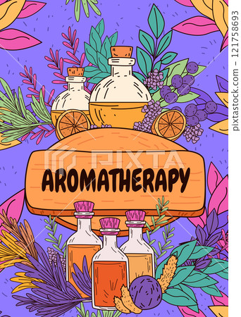 Aromatherapy essential oils bottles surrounded by vibrant leaves and fruits in a colorful nature-inspired design. Perfect for wellness themes Aromatherapy essential oils bottles surrounded by vibrant leaves and fruits in a colorful nature-inspired design. Perfect for wellness themes 121758693