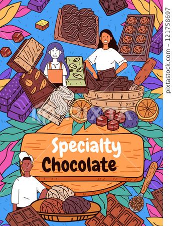 Specialty chocolate assortment with diverse people surrounded by various chocolates nuts leaves and vibrant colors. Perfect for banners or ads 121758697