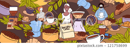 Specialty coffee theme with diverse elements including coffee cups beans people pastries and leaves in a colorful engaging design 121758699