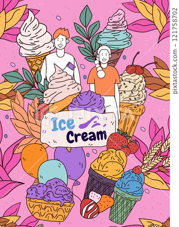 Ice cream theme with colorful cones and people surrounded by leaves and balloons on a pink background dessert concept playful design 121758702
