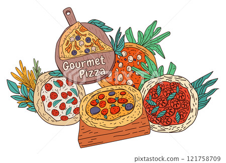 Gourmet pizza variety colorful toppings herbs artistic food design with vibrant colors and detailed ingredients perfect for menu or culinary website 121758709