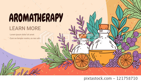 Aromatherapy essential oils bottles herbs citrus vibrant plants colorful background wellness design banner Aromatherapy essential oils bottles herbs citrus vibrant plants colorful background wellness design banner 121758710