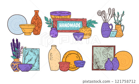 Handmade pottery decor collection rustic style. Colorful vases bowls plates with floral elements and abstract patterns. Home decor design elements 121758712
