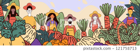Farmers in vibrant hats and overalls stand among large vegetables in a colorful farm setting. Cartoon style with earthy tones Farmers in vibrant hats and overalls stand among large vegetables in a colorful farm setting. Cartoon style with earthy tones 121758713